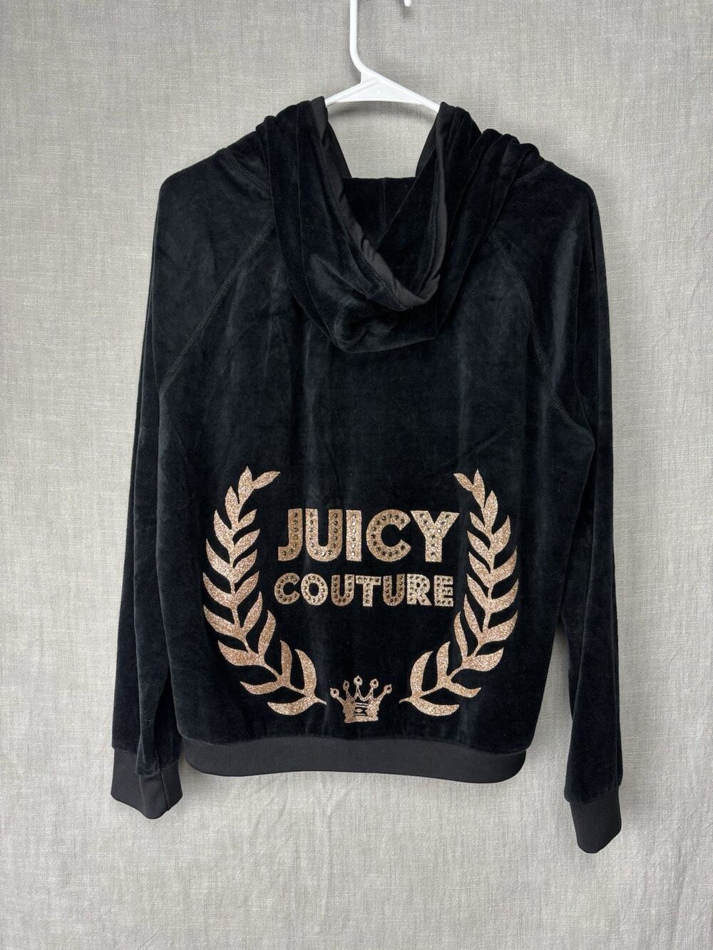 Juicy Couture Full Zip Hoodie Women's Size XL Black Velour Vtg Y2K Rhinestone
